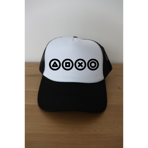 Retro Gaming Hat with PlayStation-Inspired Symbols - Classic Black & White Snapback Cap