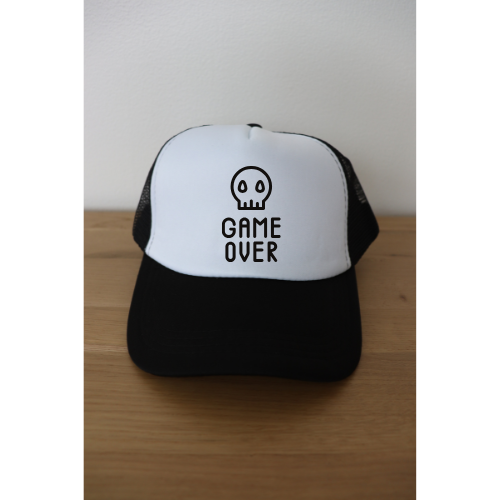 Game Over Skull Hat – Retro Gaming Snapback Cap | Black & White Casual Hat